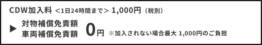 CDW加入料 ＜1日24時間まで＞ 1,000円（税別）対物補償免責額・車両補償免責額 0円 ※加入されない場合最大 1,000円のご負担